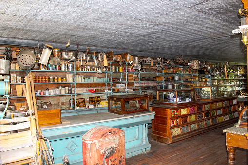 A variety of goods that were available in the past on display in the historically recreated town of Virginia City Montana