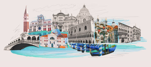 istock Contemporary artwork. Creative design in retro style. Black and white image if beautiful buildings in Venice. Vintage town. Concept of creativity, surrealism, imagination, futuristic landscape 1469640978