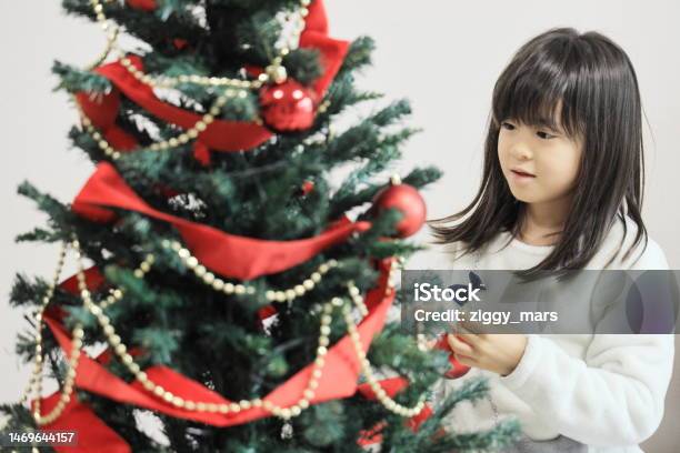クリスマスツリーを飾る日本の学生女の子(8歳)