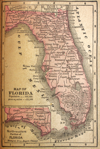 Faded map of Florida in 1880 when population was less than 270,000