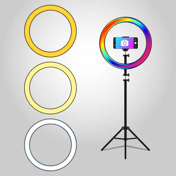 Vector illustration of Selfie Ring Light multicolored Phone Holder for Live Stream Ringlight for Meeting