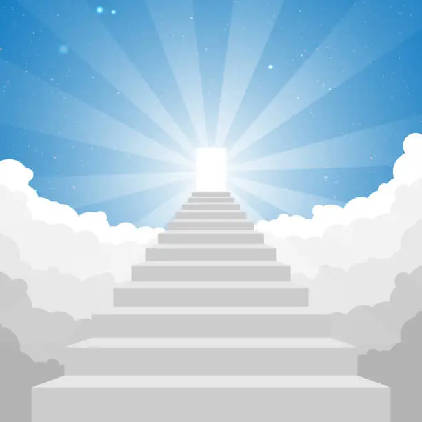 Vector illustration of Staircase leading to heaven Glowing holy door at the top