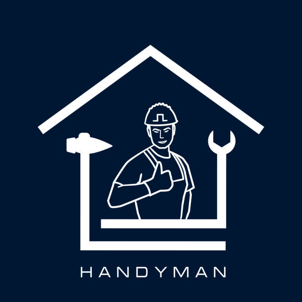 Professional handyman services. Vector banner template with worker, tools, silhouette of house.  Handyman concept on dark blue background for your web site design, app, UI. EPS10. Professional handyman services. Vector banner template with worker, tools, silhouette of house.  Handyman concept on dark blue background for your web site design, app, UI. EPS10. handyman stock illustrations