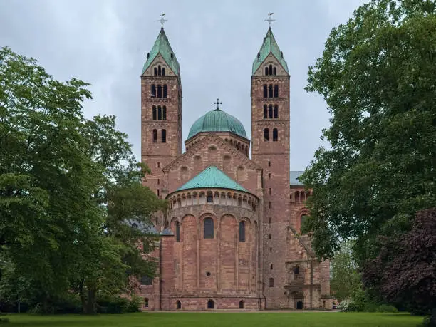 Speyer, Germany. East facade of Speyer Cathedral. The Imperial Cathedral Basilica of the Assumption and St Stephen was founded in 1030 and consecrated in 1061. This is the largest preserved Romanesque church.