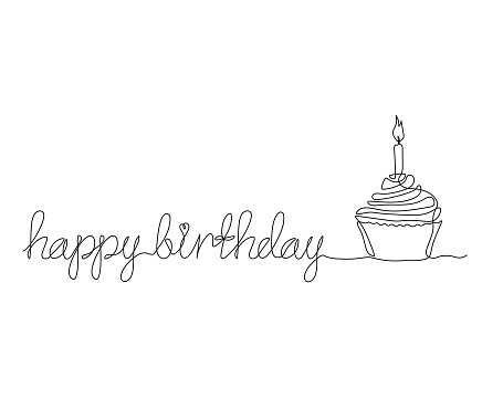 happy birthday inscription and cupcake with candles  Continuous One Line Drawing