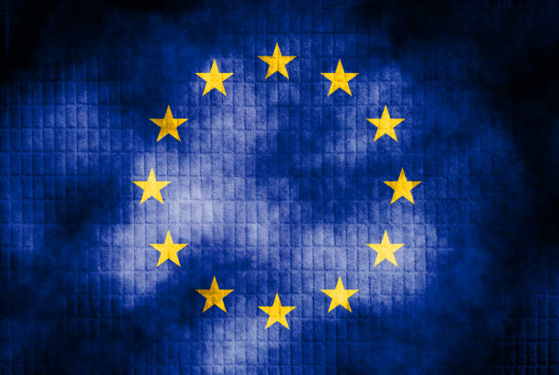 istock Double exposure of eerie EU flag. Basemap or background use. Double exposure creative hologram. 1469652741