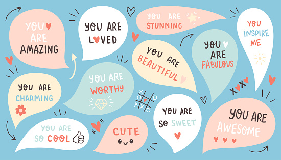 Set of speech bubbles with compliment phrases, self love quotes. Vector illustration