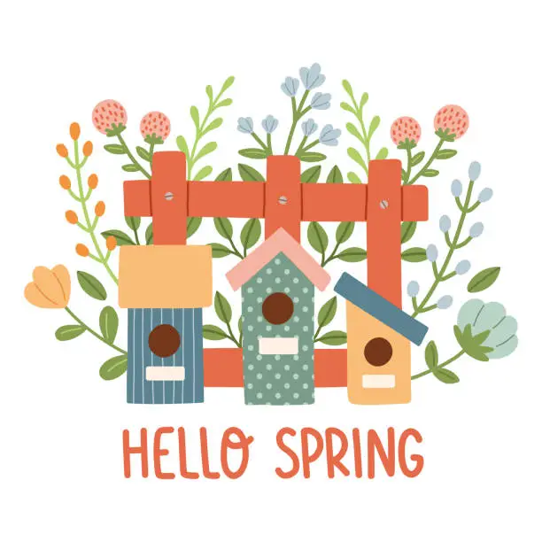 Vector illustration of Spring birdhouse. Spring mood greeting card template. Welcome spring season invitation. Minimalist postcard birdhouse.