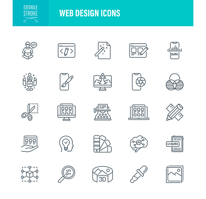 Web Design Icons. Editable Stroke. The set contains icons as Typescript, Design Professional, Vector, Mobile App, Art Tools, Graphic Tablet, Typography, Colour Palette