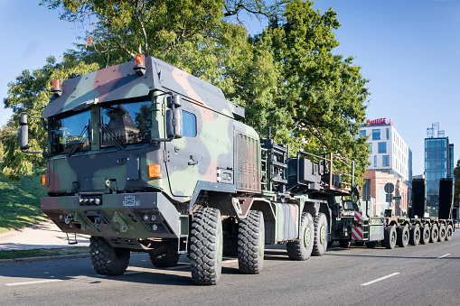 German military truck trailer on the street in Szczecin, Poland