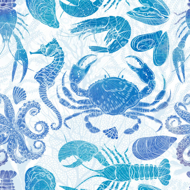 Watercolor seamless pattern on a marine theme with sea creatures and algae. Perfect for wallpaper, wrapping, fabric and textile. Sea creatures and algae. Seamless pattern. Watercolor Illustration. Templates for menu design, packaging, restaurants and catering. Hand drawn images. Perfect for wallpaper, wrapping, fabric and textile. seafood stock illustrations