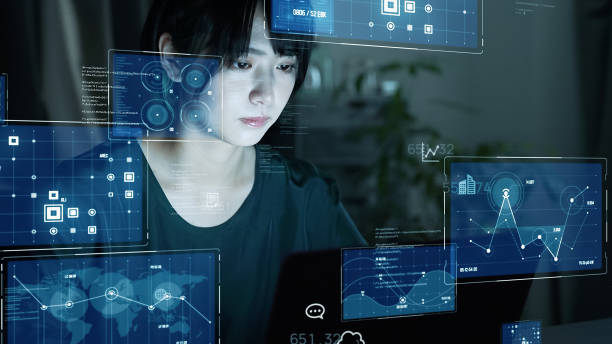 istock Young asian woman watching hologram screens. Graphical User Interface. 1469662447