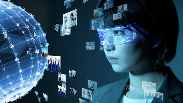 istock Asian woman wearing smart glasses. Head mounted display. Wearable computer. Virtual reality. 1469663065
