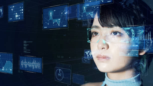 istock Asian woman wearing smart glasses. Head mounted display. Wearable computer. Virtual reality. 1469663123