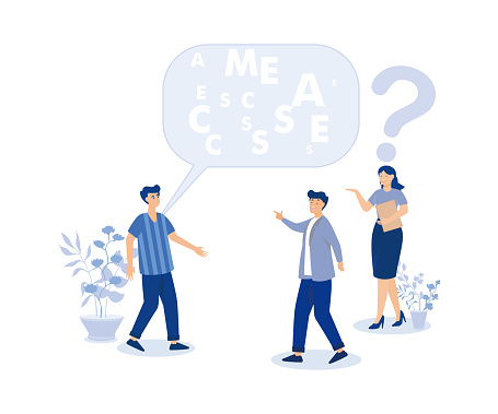 Jargon, complicated conversation,businessman talk with jargon word in speech bubble dialog make other confused.modern flat vector illustration