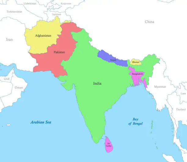 Vector illustration of map of South Asia with borders of the states.