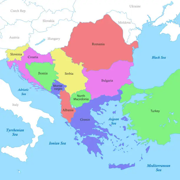 Vector illustration of map of Balkans with borders of the countries.