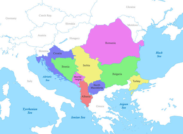 map of Southeast Europe with borders of the countries. Color political map of Southeast Europe with borders of the countries. montenegro stock illustrations