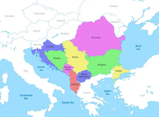 Vector illustration of map of Southeast Europe with borders of the countries.