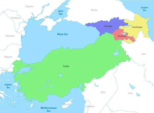 Vector illustration of map of Turkey and Caucasus with borders of the countries.