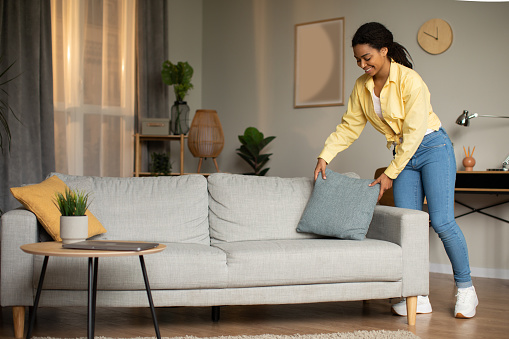 Happy Black Lady Putting Decorative Pillow On Sofa Cleaning House And Creating Coziness In Modern Living Room At Home. Housework, Interior Design And Decoration