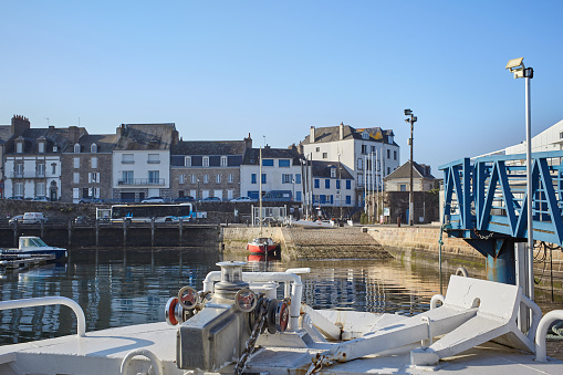 Port Louis, Bretagne, France : nice picture of one of the ports of Louis, arrival of the boat coming from Lorient, quay La Pointe, lots of sun and colors