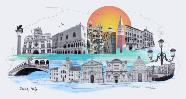 istock Contemporary artwork. Creative design in retro style. Black and white image if beautiful buildings in Venice. Vintage town. Concept of creativity, surrealism, imagination, futuristic landscape 1469668184