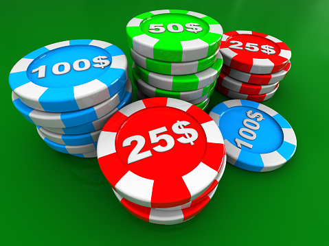 3d illustration of casino chip stacks over green background