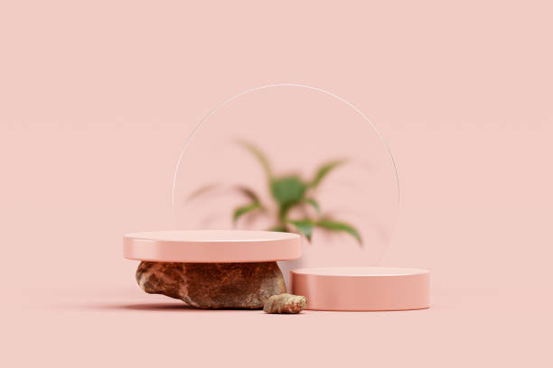 분홍색 연단은 바위 위에 앉아 있으며 야자수 잎 빈 장면과 함께 그 뒤에 투명한 유리가 있습니다. 기하학적 럭셔리 받침대 화장품 패션 프레젠테이션 추상적인 배경 3d - podium 뉴스 사진 이미지