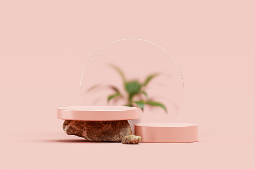 Pink podium sits on top of a rock and has clear glass behind it along with palm leaf empty scene geometric luxury pedestal cosmetics fashion presentation abstract background 3d