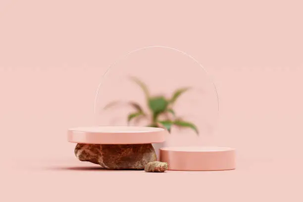 Photo of Pink podium sits on top of a rock and has clear glass behind it along with palm leaf empty scene geometric luxury pedestal cosmetics fashion presentation abstract background 3d