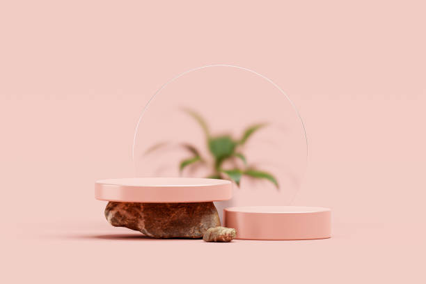 pink podium sits on top of a rock and has clear glass behind it along with palm leaf empty scene geometric luxury pedestal cosmetics fashion presentation abstract background 3d - merchandise luxury equipment fashion industry imagens e fotografias de stock