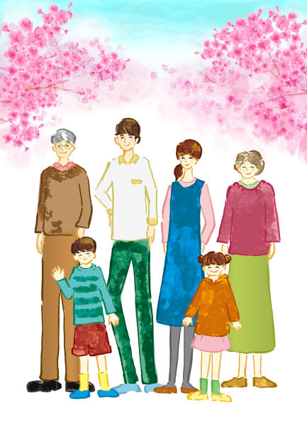 Hand-drawn illustration with a smiling three-generation family against a background of cherry blossoms in full bloom. Hand-drawn illustration with a smiling three-generation family against a background of cherry blossoms in full bloom. family reunion images pictures stock illustrations