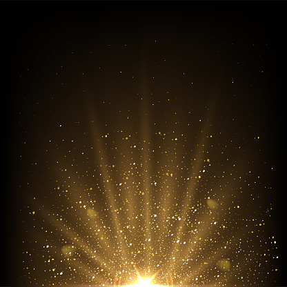 Flashlight of magic light with golden beams, spark and glitter vector illustration. 3D realistic gold glow and glare of star, shine of bright rays of energy and highlights on dark night background