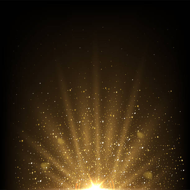 Flashlight of magic light with golden beams, spark and glitter, gold glow of star Flashlight of magic light with golden beams, spark and glitter vector illustration. 3D realistic gold glow and glare of star, shine of bright rays of energy and highlights on dark night background gold light flare stock illustrations