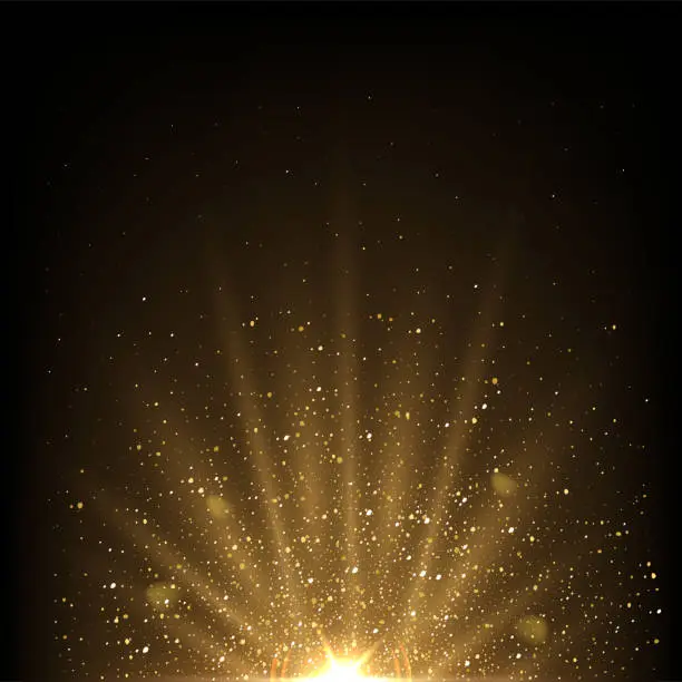Vector illustration of Flashlight of magic light with golden beams, spark and glitter, gold glow of star