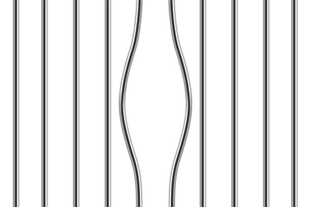 감옥 바 벡터 삽화입니다. 경찰 감옥에서 범죄 탈출 용의자에게 구부러진 막대기가 있는 3d 현실적인 깨진 철 케이지, 범죄 탈옥을 위한 강철 곡선 막대로 창살 - pipe backgrounds built structure three dimensional shape stock illustrations