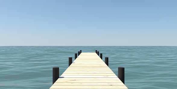 a wooden pontoon juts out into the sea - 3D rendering
