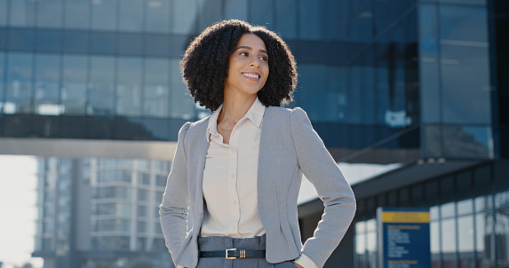 Black woman with smile outdoor, corporate leader and happy, career success, vision and mindset. Professional mission, city and job goals with management, employee and lawyer in Chicago with mockup