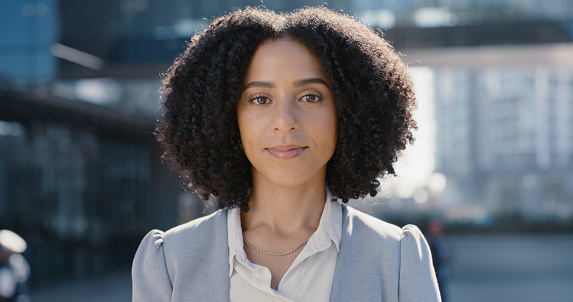 Black woman with portrait in city, corporate leader and headshot with career success, vision and mindset. Professional mission, outdoor and job goals with management, employee and lawyer in Chicago