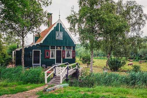 July 2021 - Zaanse Schans, Netherlands - House in the Zaanse Schans village in the Netherlands