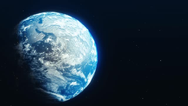 Animation of Earth seen from space, the globe spinning on satellite view on dark space background. Global space exploration space travel concept digitally generated image.