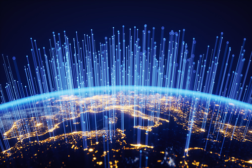 Abstract Earth view from space with fiber optic cables rising from major cities.
(World Map Courtesy of NASA: https://visibleearth.nasa.gov/view.php?id=55167)