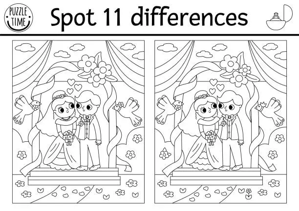 Vector illustration of Find differences game for children. Wedding black and white activity with cute married couple under the arch. Marriage coloring page for kids with funny bride and groom. Printable worksheet