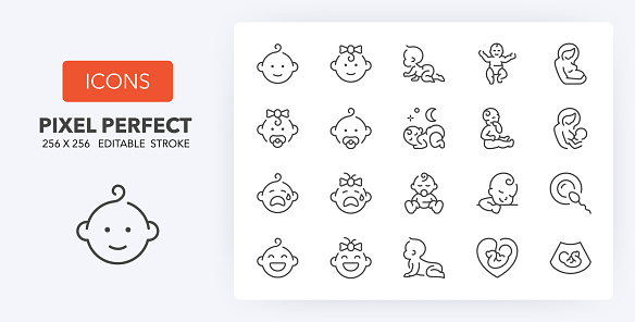Babies, motherhood and lactation thin line icon set. Outline symbol collection. Editable vector stroke. 256x256 Pixel Perfect scalable to 128px, 64px...