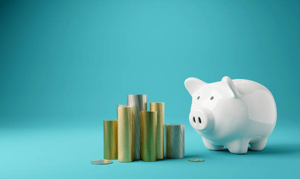 istock Piggy bank and money tower, 3D rendering 1469684893