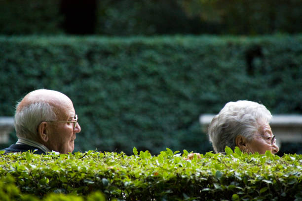 Madrid, Spain_ September 22, 2010: Rear view of senior couple sitting on park bench. Garden path, hedges. Madrid, Spain.