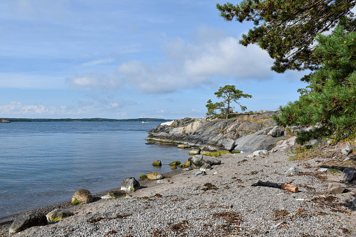 Stockholm Sweden Archipelago Islands Beach: A picturesque and peaceful landscape featuring the stunning beaches of the Stockholm Archipelago, located in the Baltic Sea near Stockholm, Sweden.