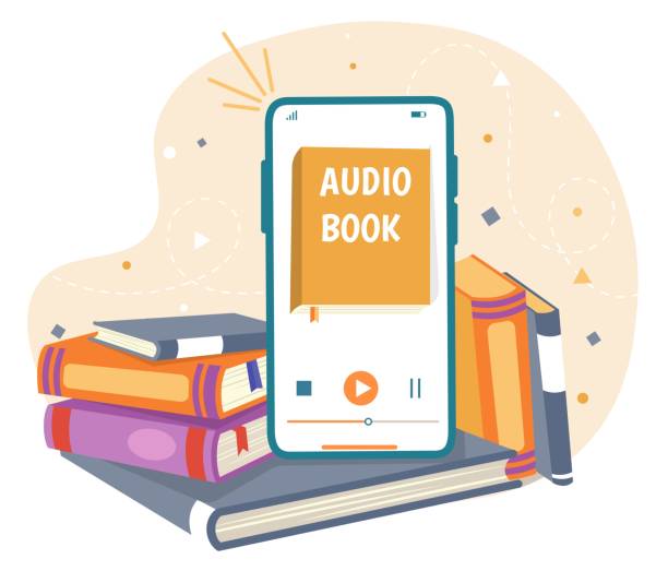 ilustrações, clipart, desenhos animados e ícones de reserve conceito de áudio - pile of books audio