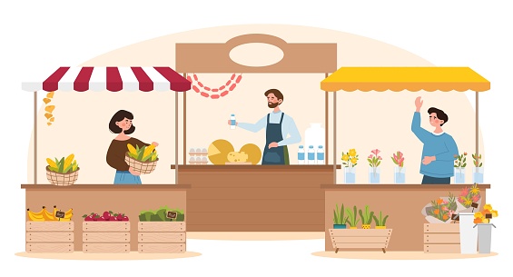 Farmers at market. Men and women with fruits, vegetables and flowers stand behind counter. Small business and local shop or store. Sellers offering products. Cartoon flat vector illustration